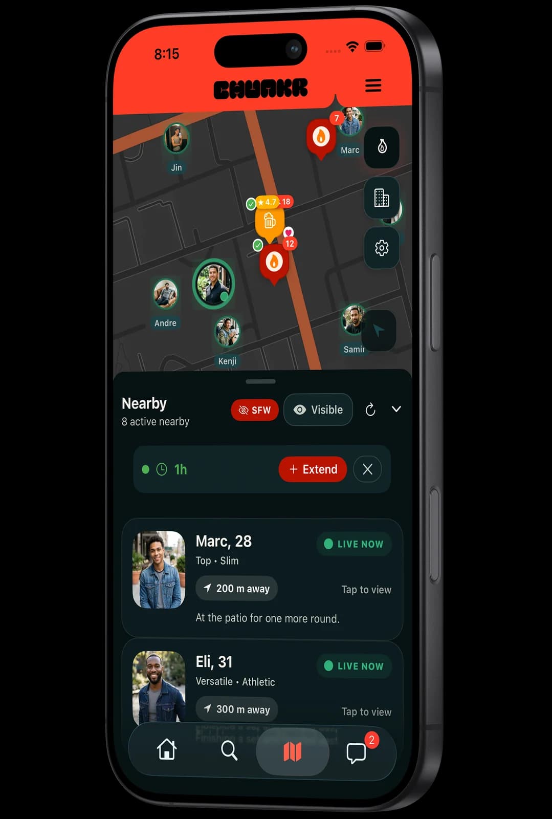Chunkr map showing nearby members, hotspots, and places to meet