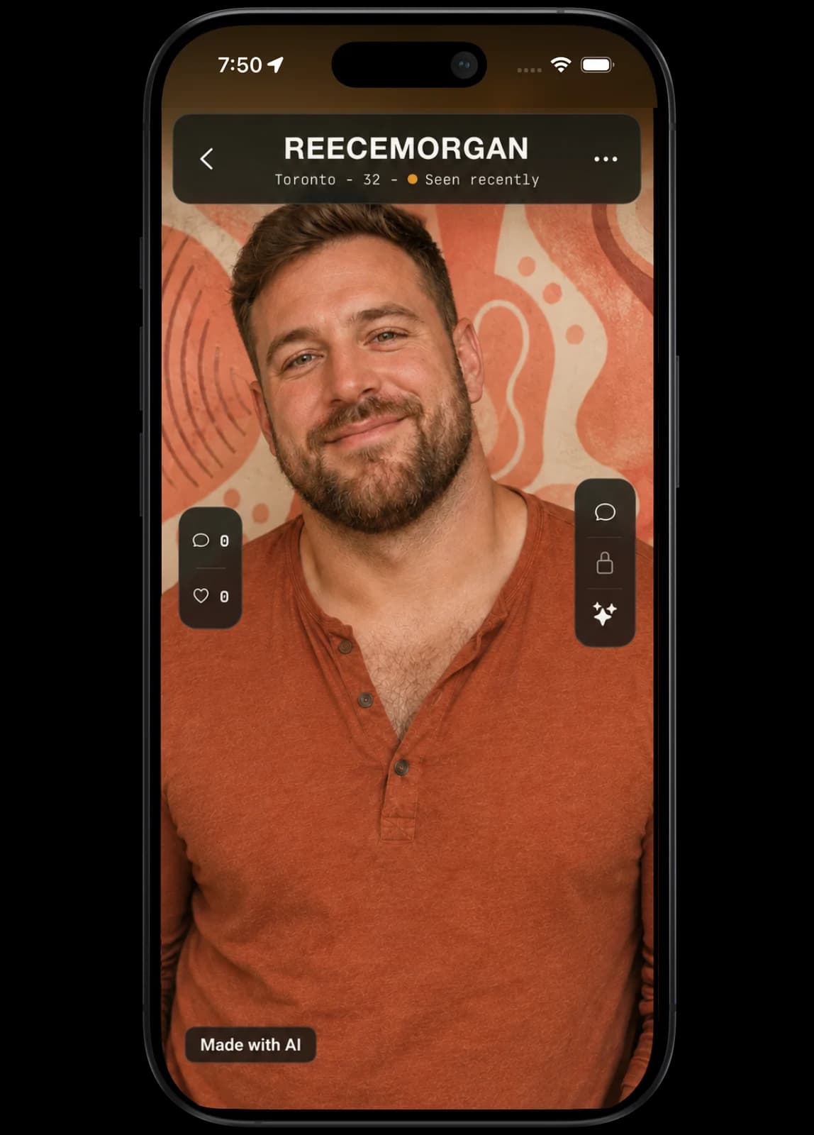 Illustrative profile with a Made with AI label on the photo